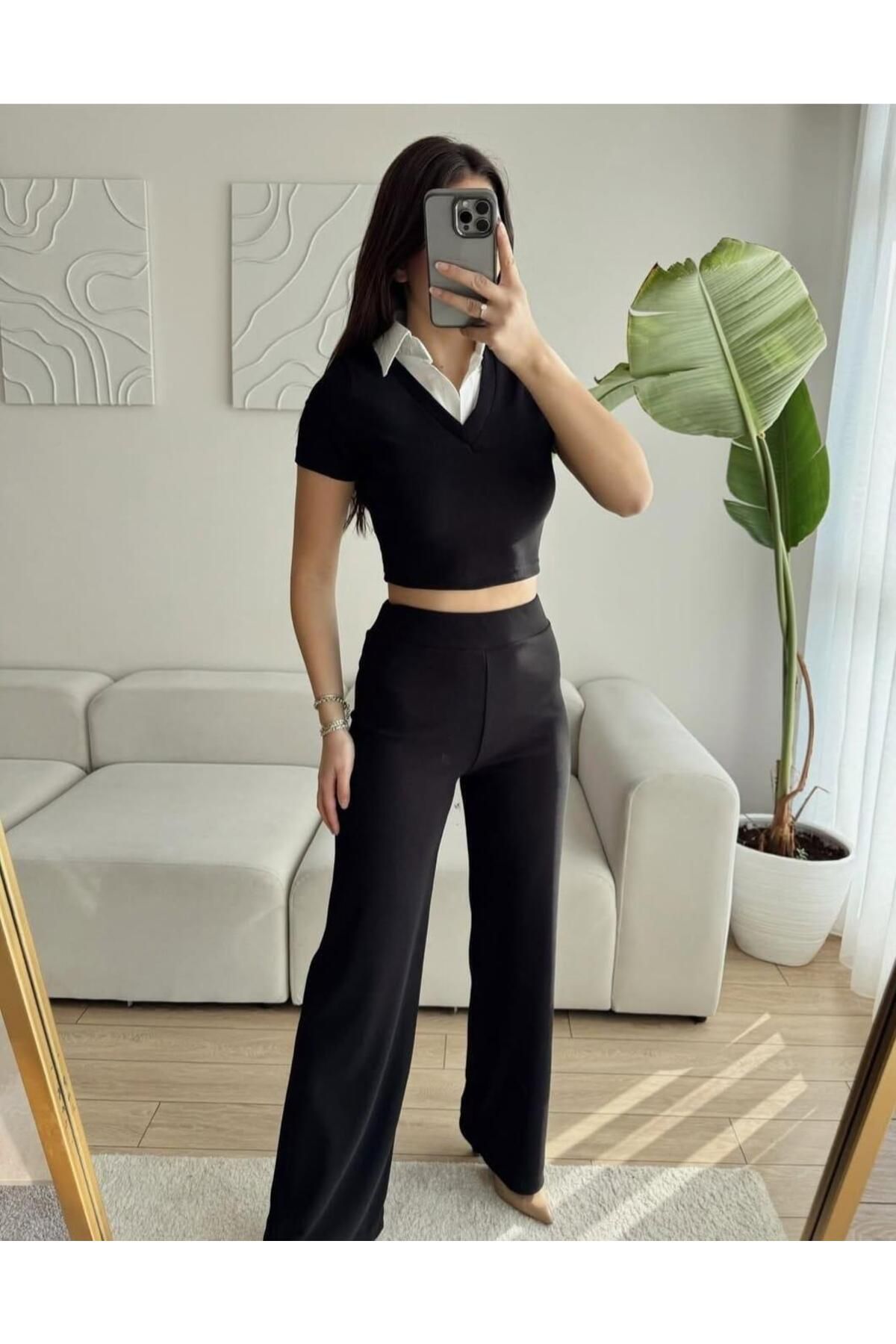 Elaxi Ottoman Kumaş Gömlek Garnili Crop-Pantolon İkili Takım