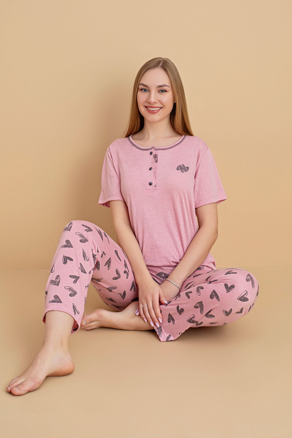 Fulla Moda Kalp Desenli Kısa Kollu Pijama Takımı
