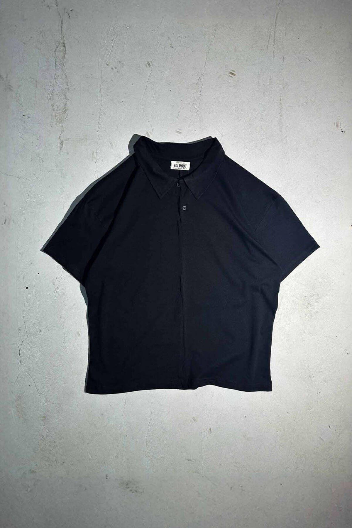 1887CLO Dikiş Detaylı Polo Yaka Siyah Oversize Tişört