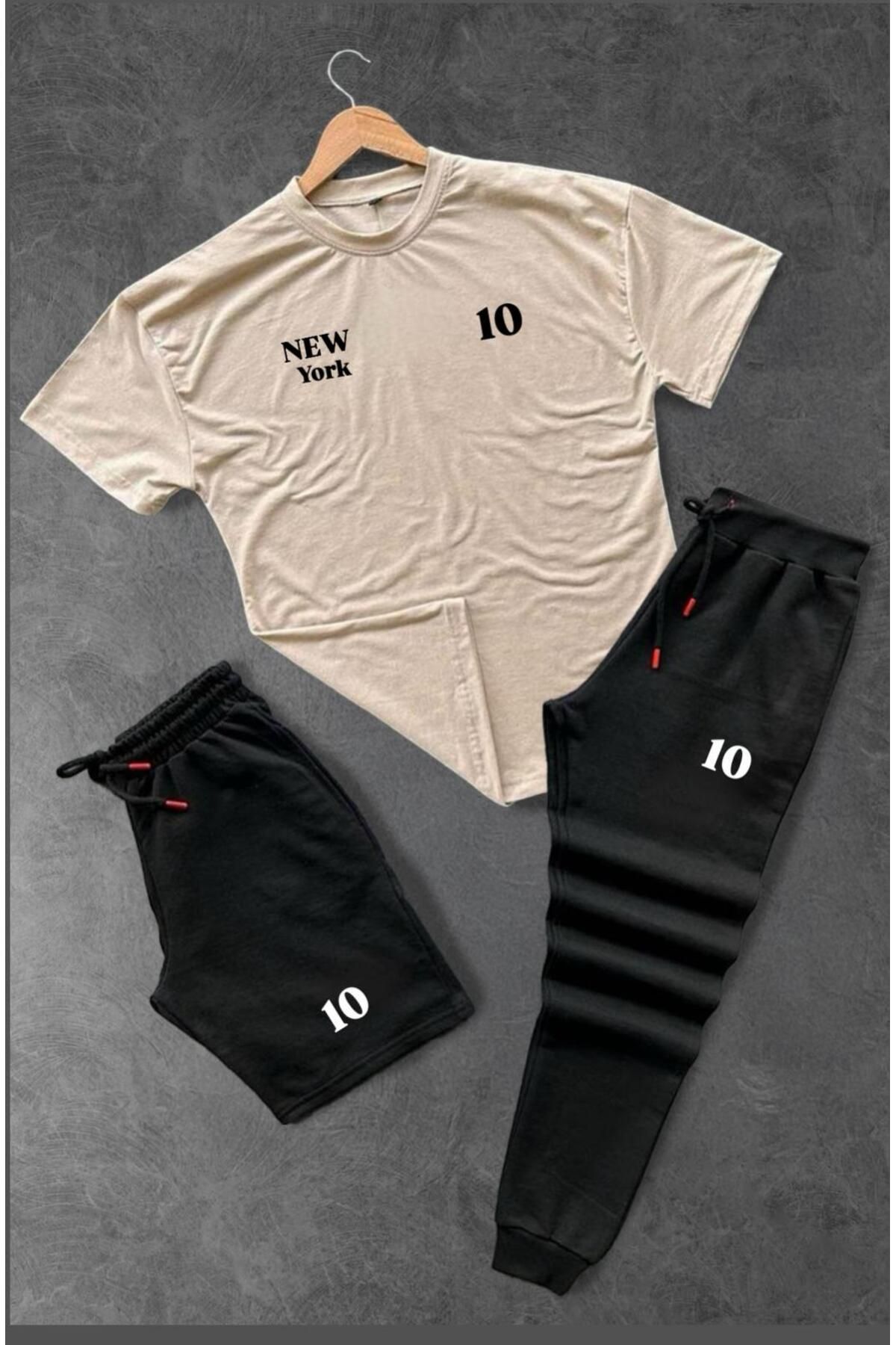 woonkey UNISEX OVERSİZE NEW 10 BASKILI BİSİKLET YAKA PENYE TİŞÖRT ŞORT EŞOFMAN 3'LÜ SET YAZLIK