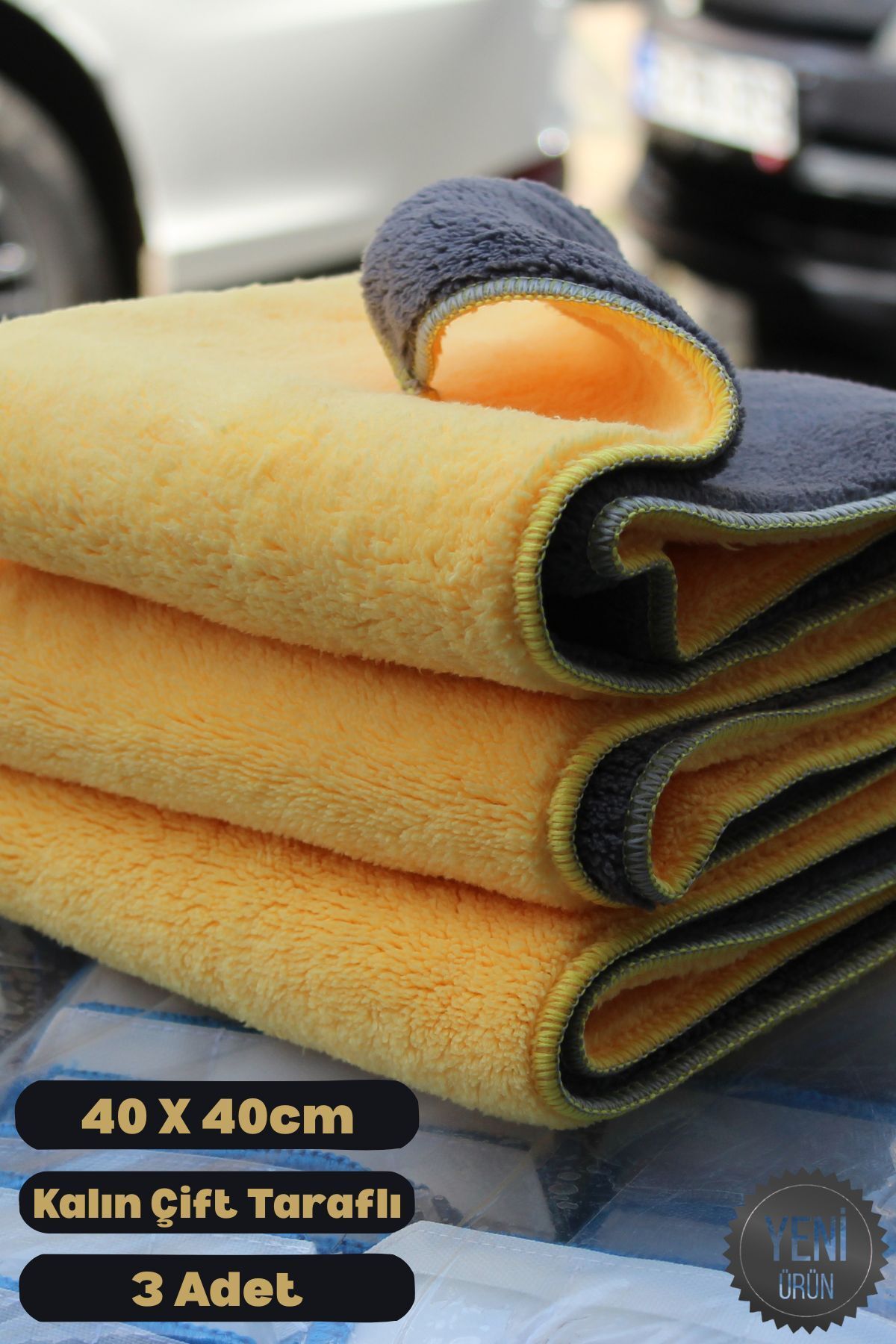 DUFF CLEAN 3 Adet Mikrofiber Biyeli Kalın Çift Taraflı Araç Kurulama Havlusu Ve Cila Bezi 40 X 40 Cm Sarı-Gri