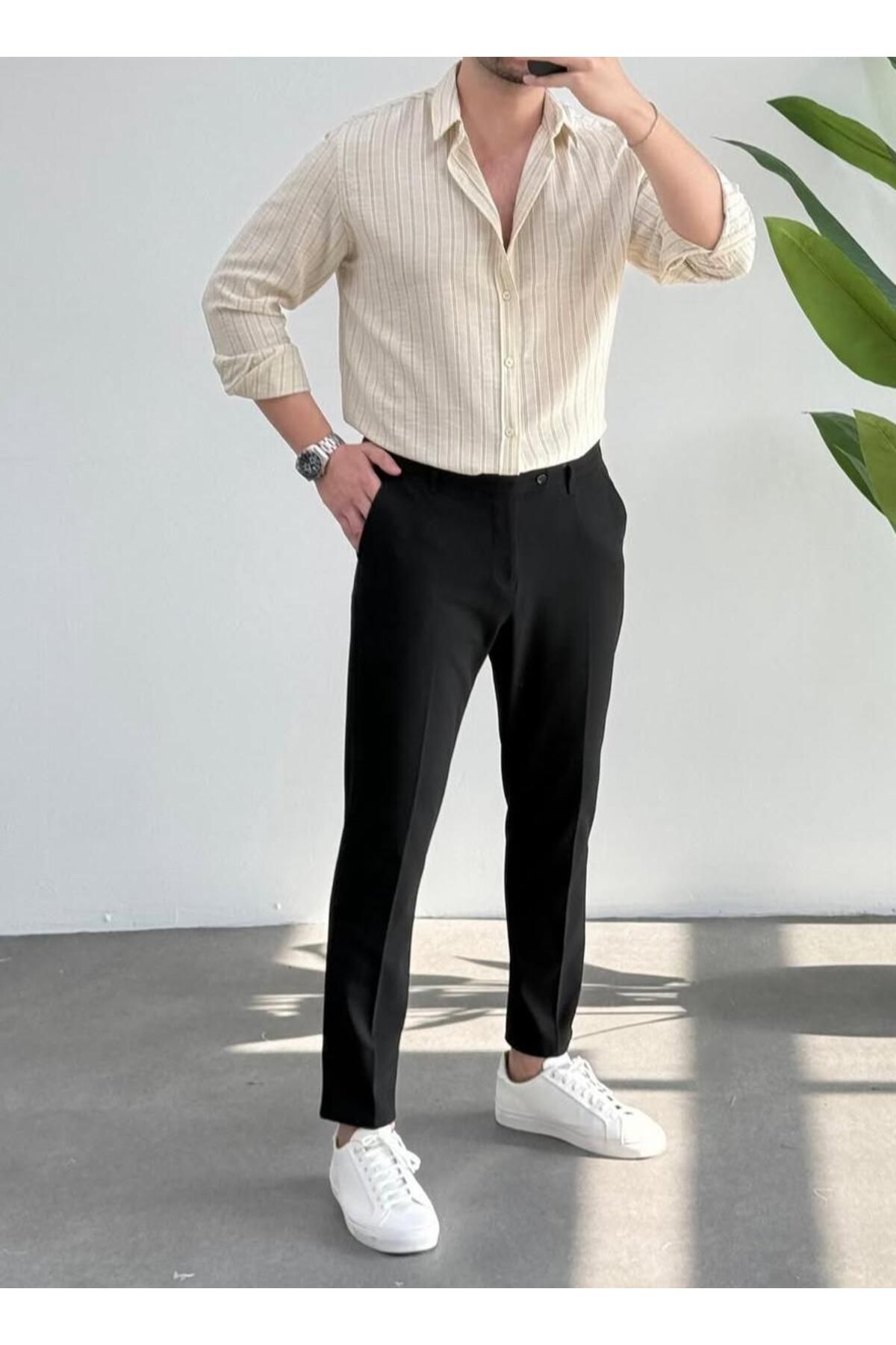 JACK CAPRİO Erkek Flam Çizgili Oversize Keten Gömlek