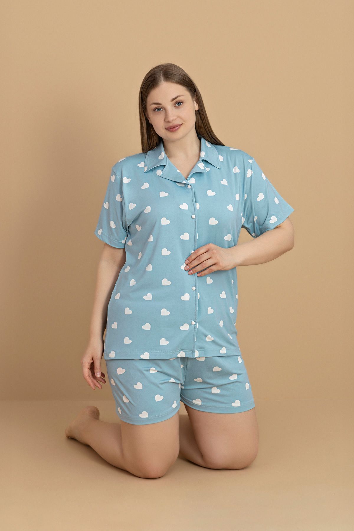 Fulla Moda Büyük Beden Kalp Baskılı Gömlek Yaka Şortlu Pijama Takımı