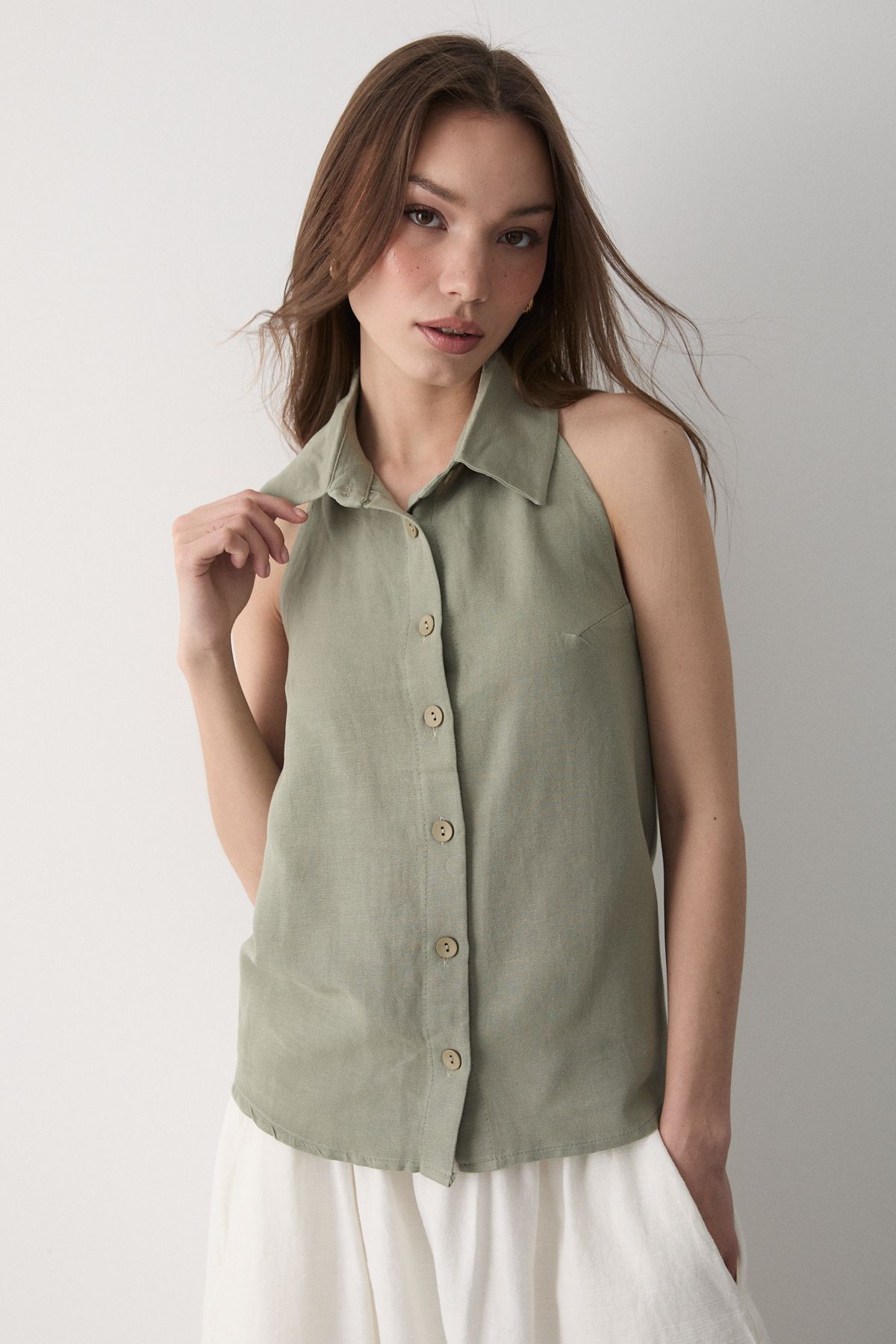 JASTE-Women's Khaki Collared Zero Sleeve Linen Blouse with Open Elastic Back 3