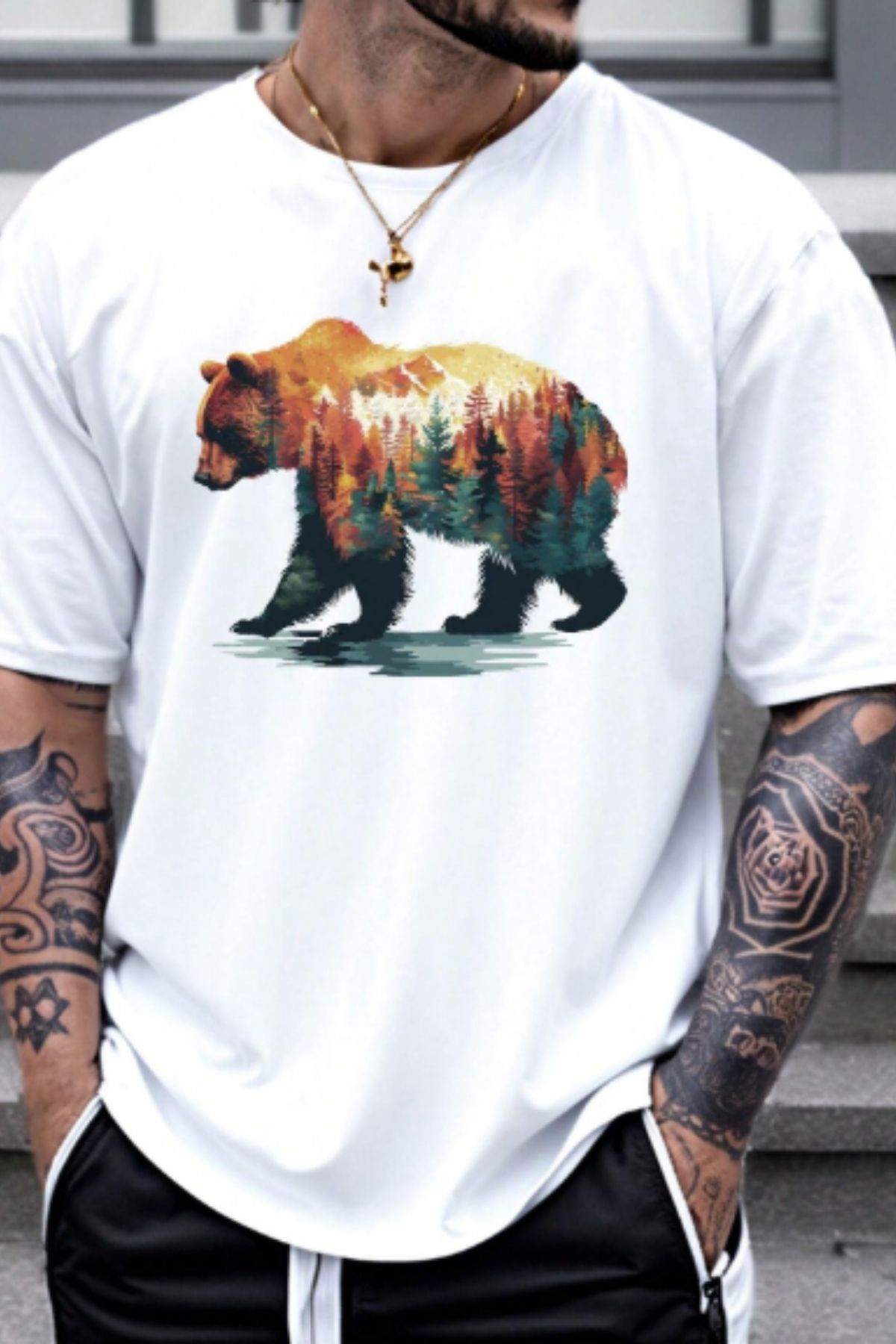 NEMESA ERKEK AYI Ve ORMAN Baskılı Oversize Düşük Kol Bisiklet Yaka T-Shirt