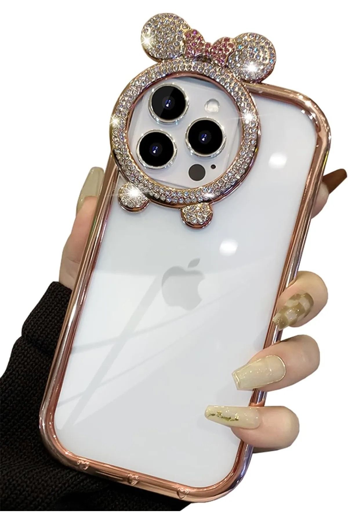 Cleo Cases Tarzını Yansıt iPhone 14 Pro Max Uyumlu Taşlı Minnie Mouse Kulaklı Işıltılı Şeffaf Silikon Kılıf