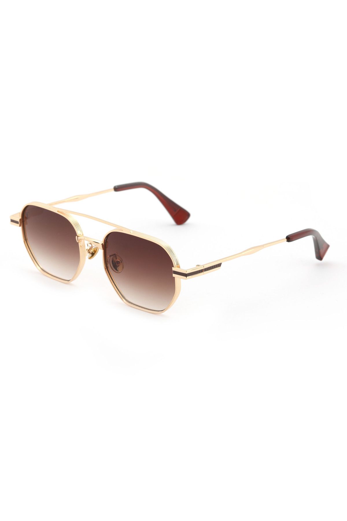 Angel Eyes Geometrik Tasarım Metal Altın Çerçeve Kahverengi Cam Unisex Gunes Gozlugu