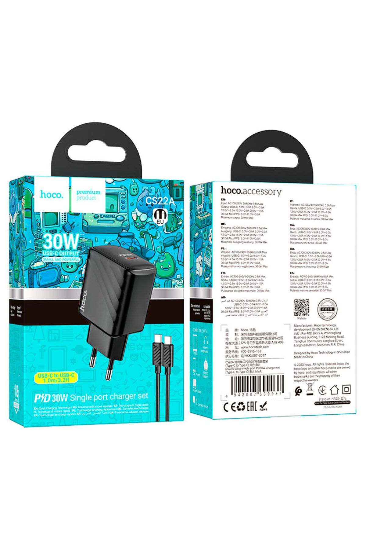 REDz Accessories-Set încărcător pentru iPhone 15/16 și Android, adaptor Hoco cs22a tip-c cablu 1m, pd30w, negru 4