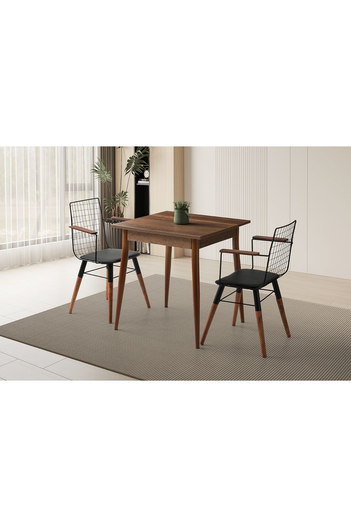 Vivense Mendel Masa, Ahşap Kollu Tel Sandalye, Ceviz, 70X70