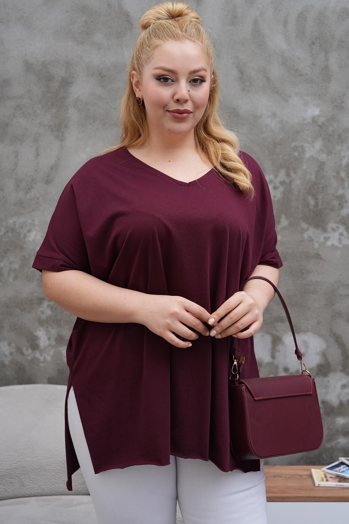 Siyezen Büyük Beden Oversize Uzun Yırtmaçlı Tshirt
