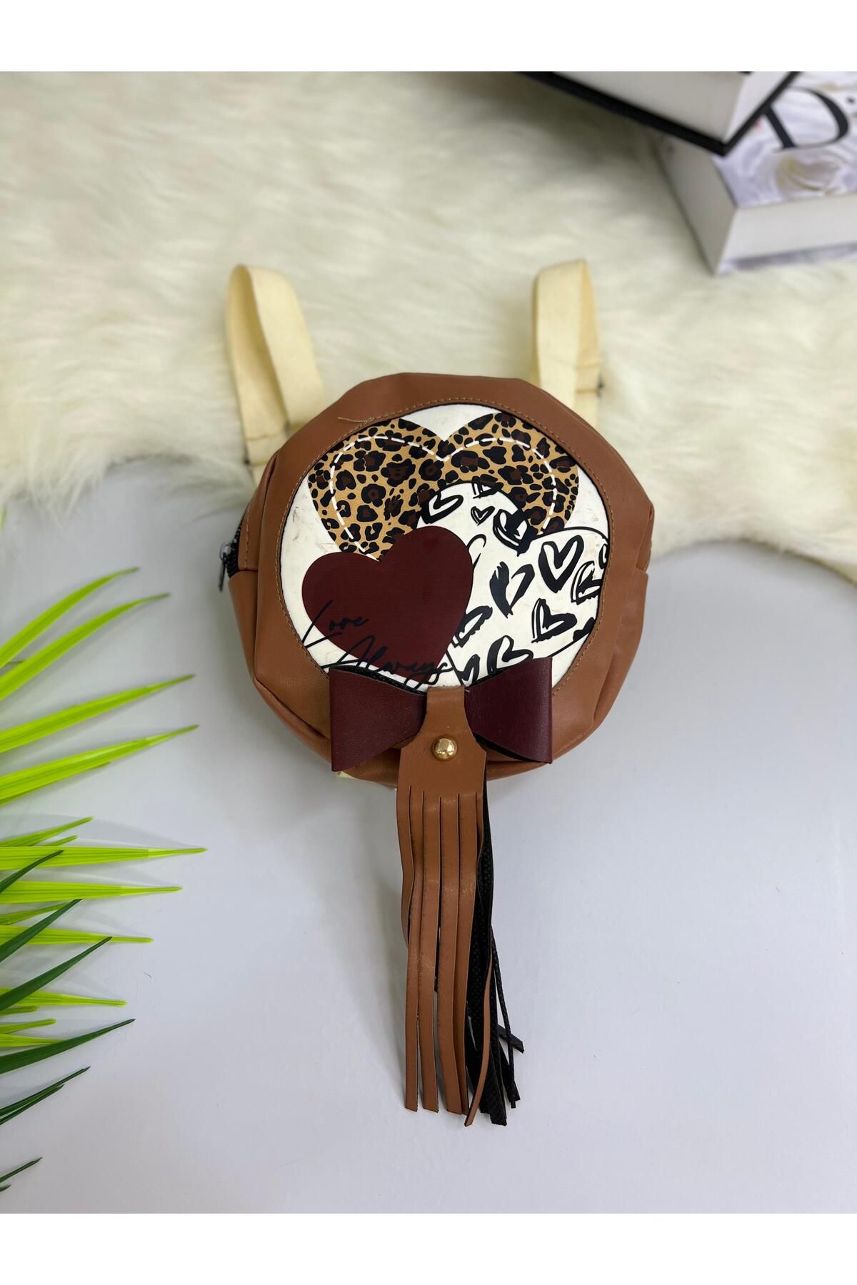 mislina kids Leopar Kalpli Püsküllü Mini Sırt Çantası – 3/6 Yaş