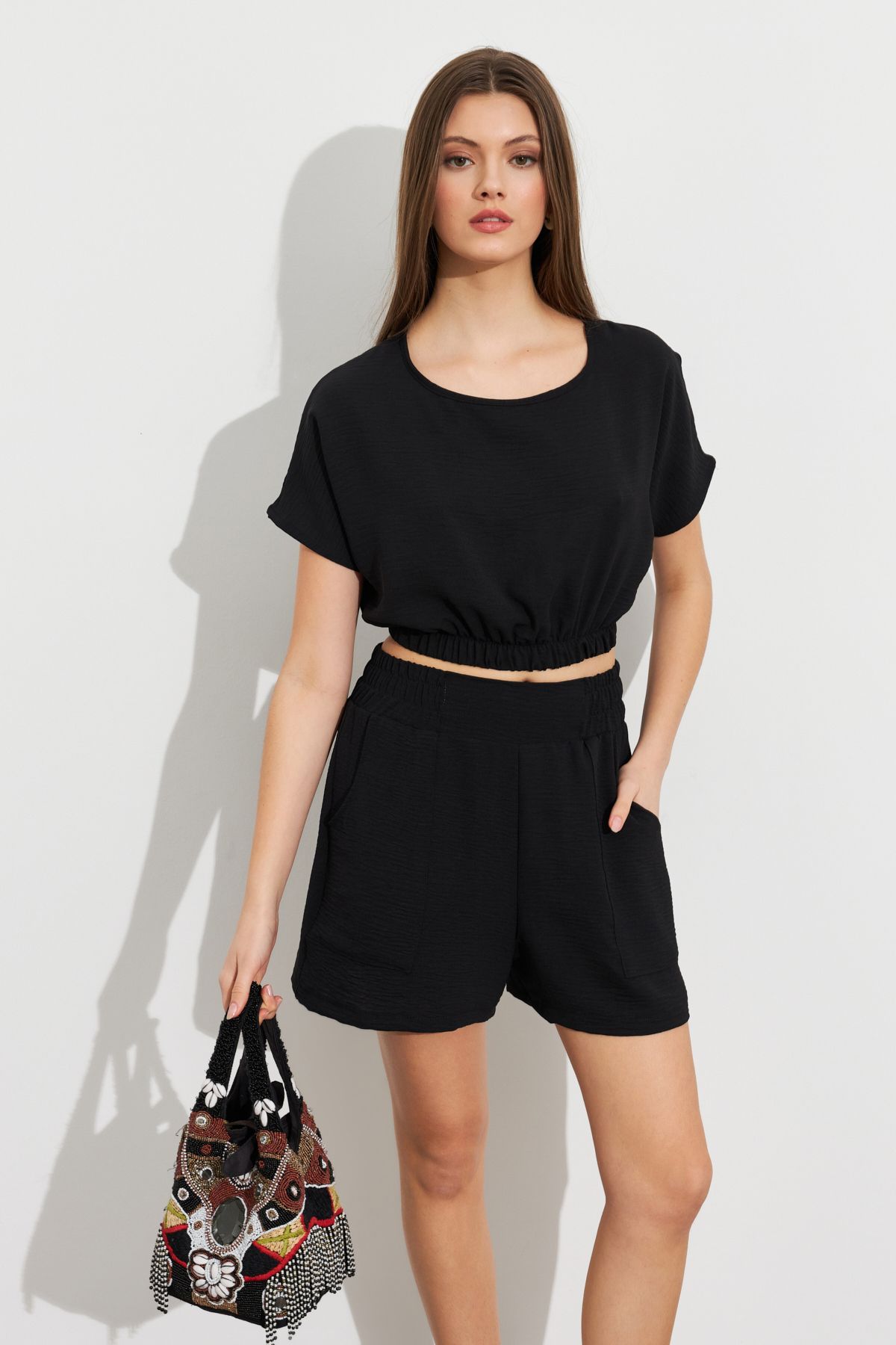 Cool & Sexy Kadın Siyah Crop Şort Takım Q1014