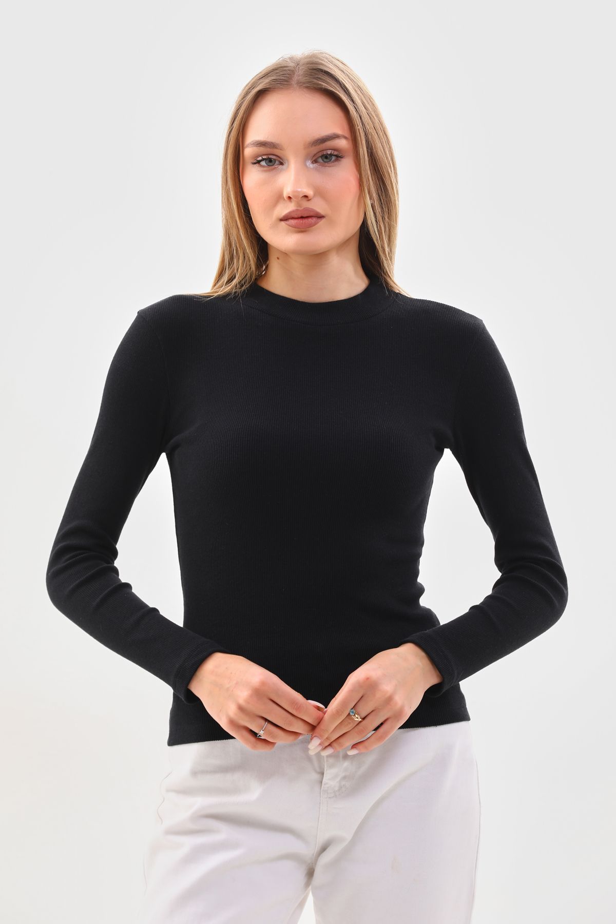 kallima Siyah Fitted/Vücuda Oturan Bisiklet Yaka Fitilli Esnek Örme Body