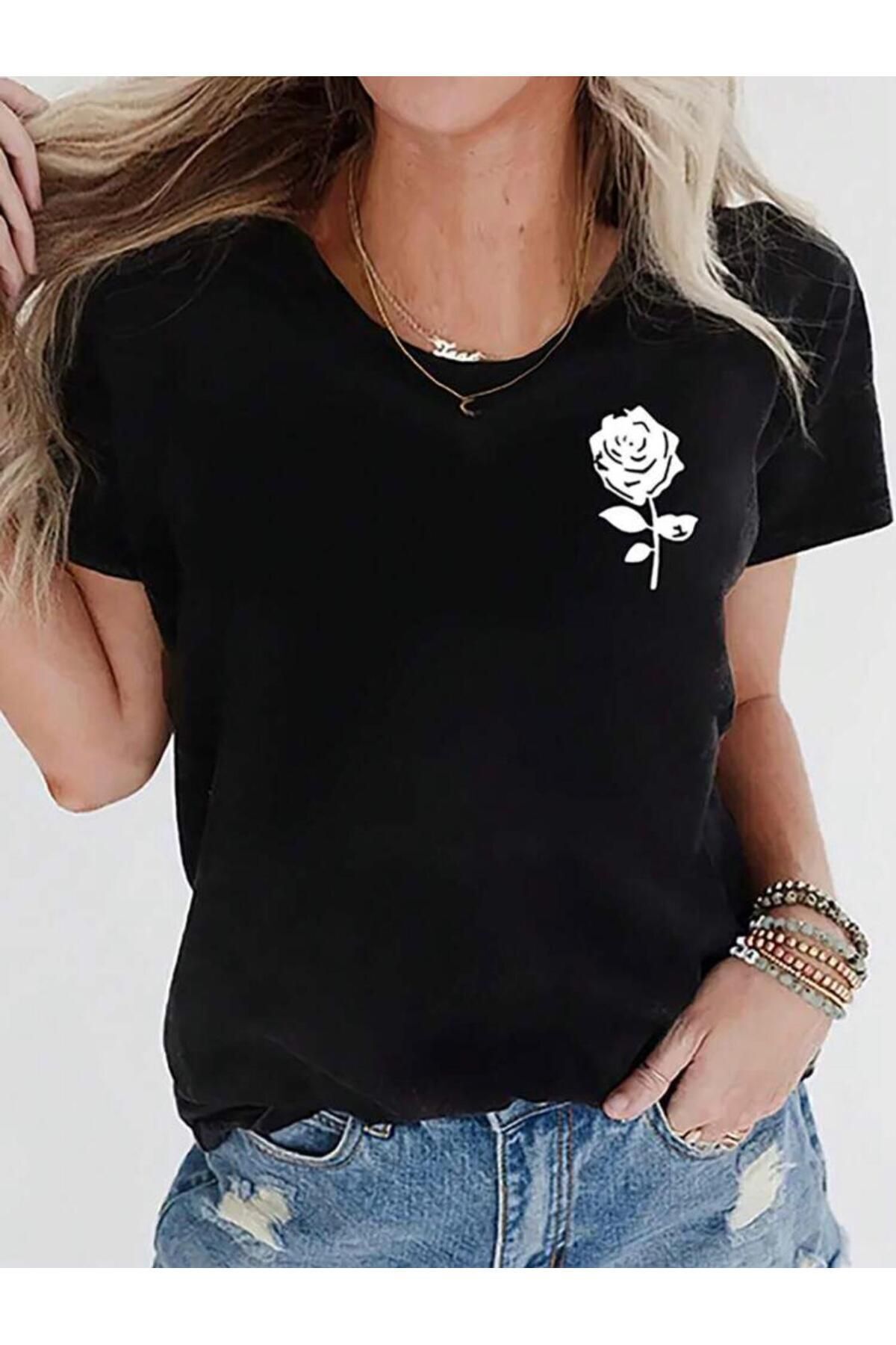 NEMESA Kadın Oversize Gül Baskılı T-shirt