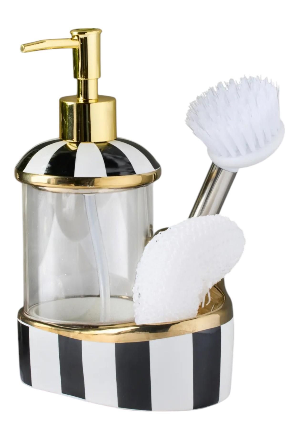 ALBETTO Büyük Boy Cam Hazneli Porselen Mutfak Set Sıvı Sabunluk Çizgili 900ml 40082
