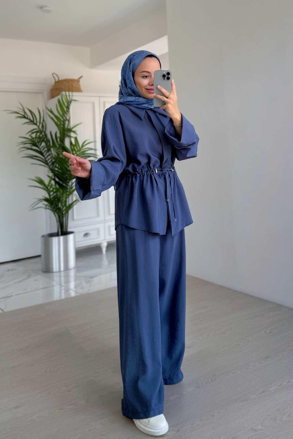 Ka Hijab Rahat Kesim Büzgü Detaylı Takım - İndigo