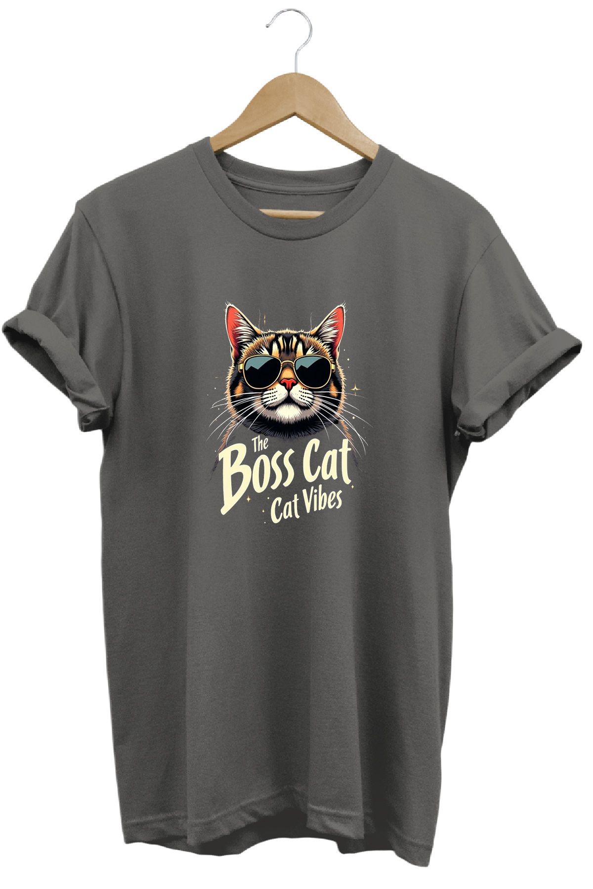 remonz Boss Cat Patron Kedi Baskılı %100 Pamuk Regular Fit Bisiklet Yaka T-shirt