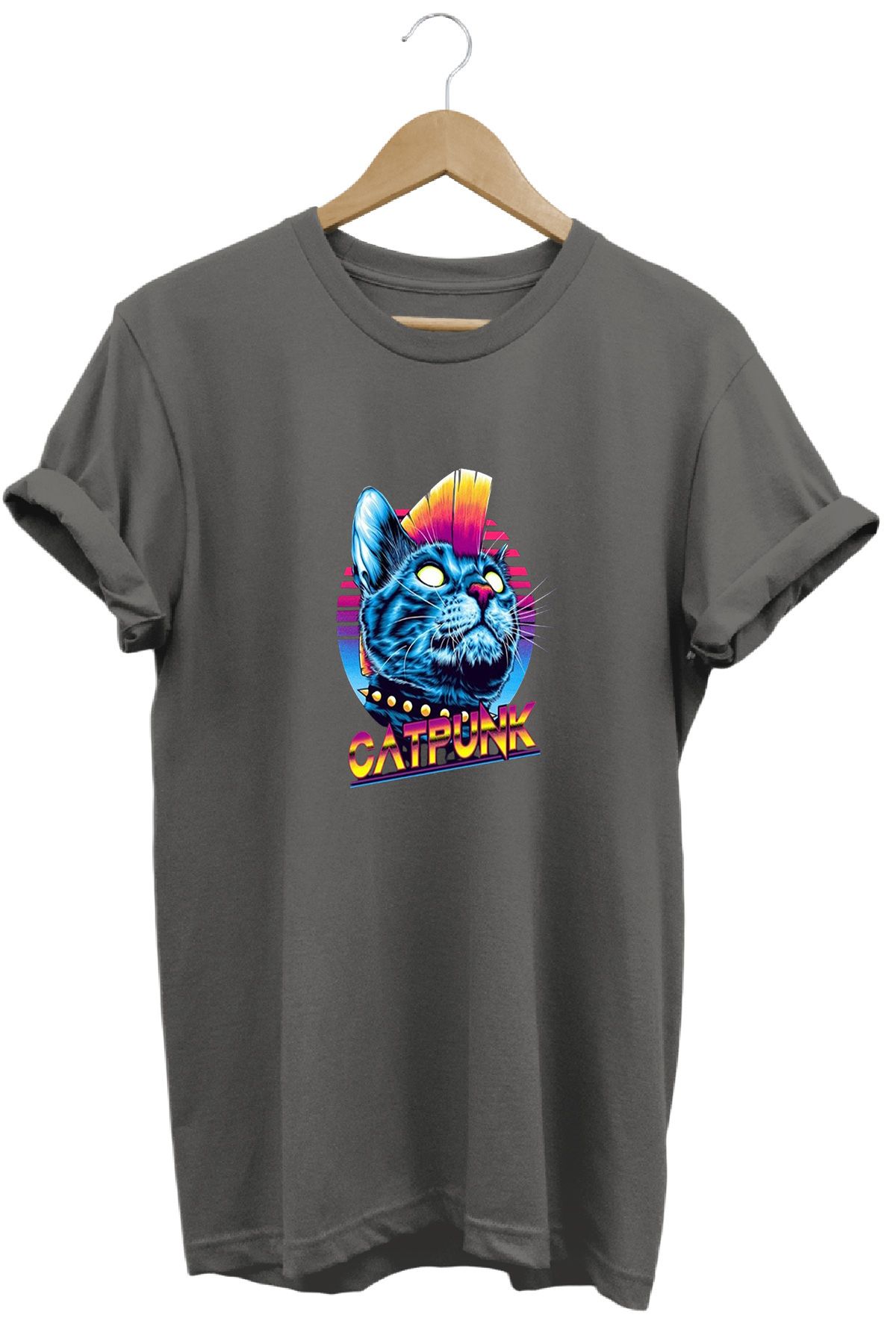 remonz Punk Kedi Baskılı %100 Pamuk Regular Fit Bisiklet Yaka T-shirt