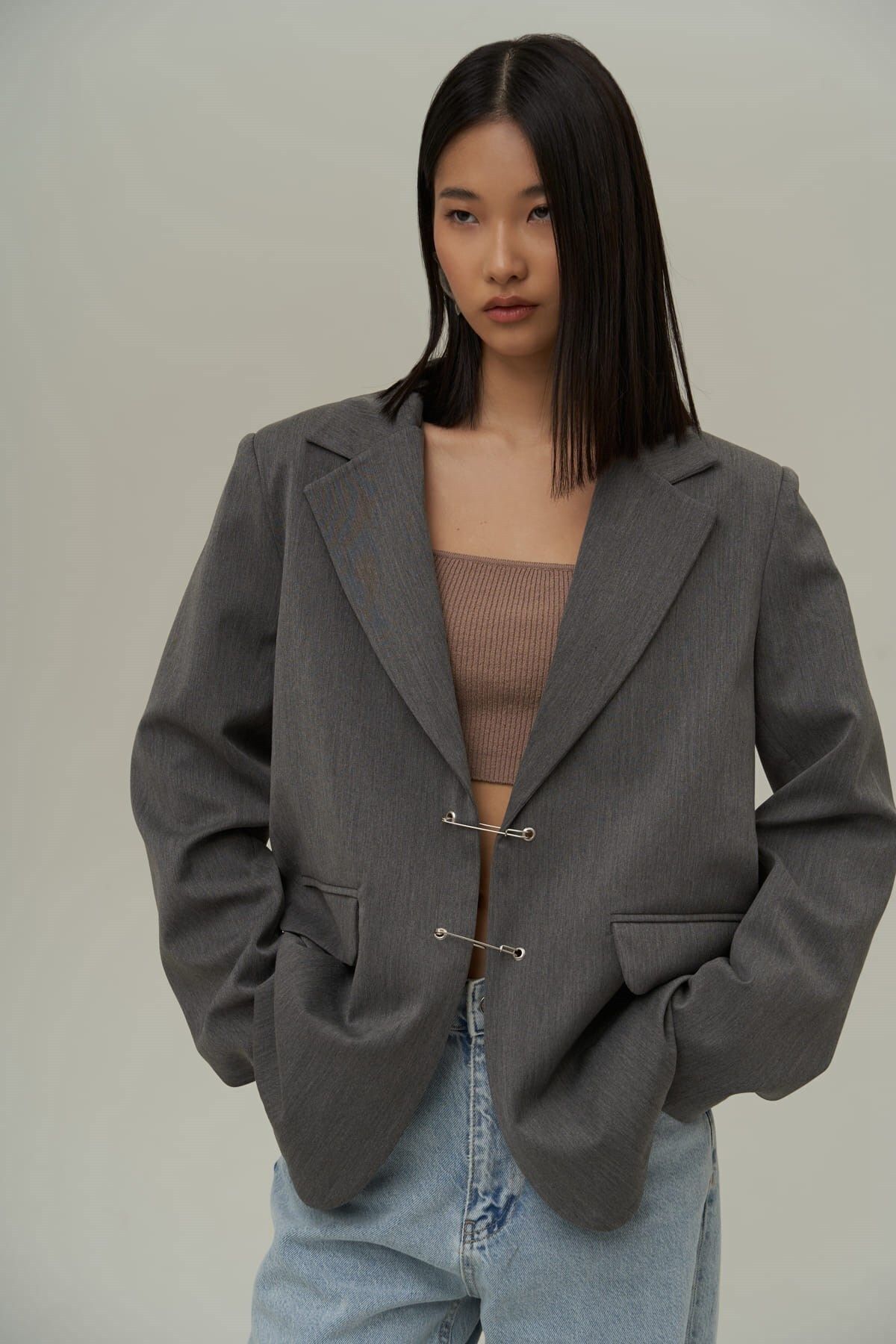 MAİ COLLECTİON-Lana Hook Detail Smoked Blazer Jacket 1