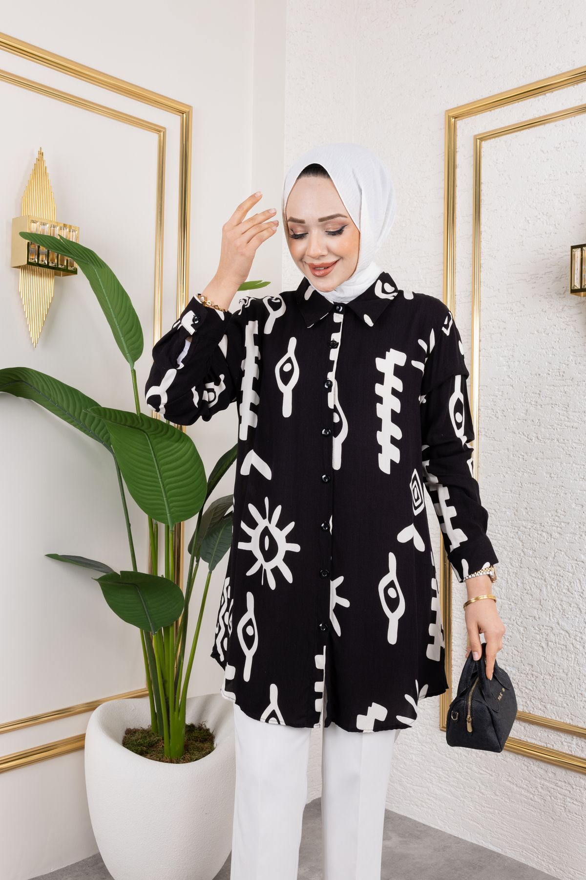 HİRA LİFE FASHİON Kadın Tesettür Giyim ve Spor Giyime Uygun Önü Düğme Detaylı Şık Desenler Dokuma Viskon Gömlek-Tunik