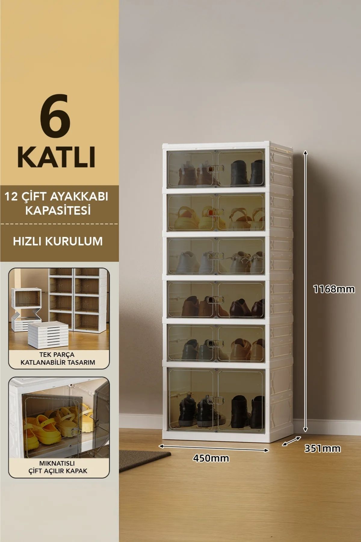 EVLE 6 Katlı Katlanabilir Ayakkabılık, Modüler Ayakkabı Dolabı, Portatif Düzenleyici, Beyaz