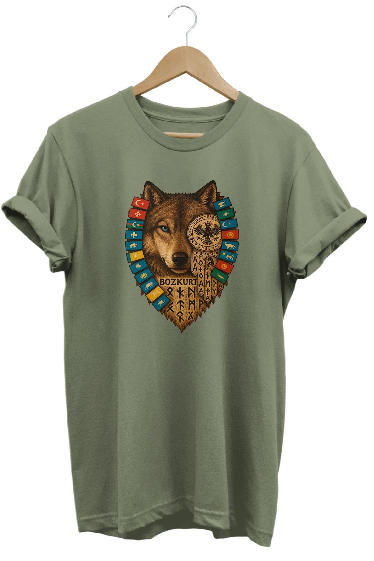 remonz Bozkurt Türk Devletleri Baskılı %100 Pamuk Regular Fit Bisiklet Yaka T-shirt