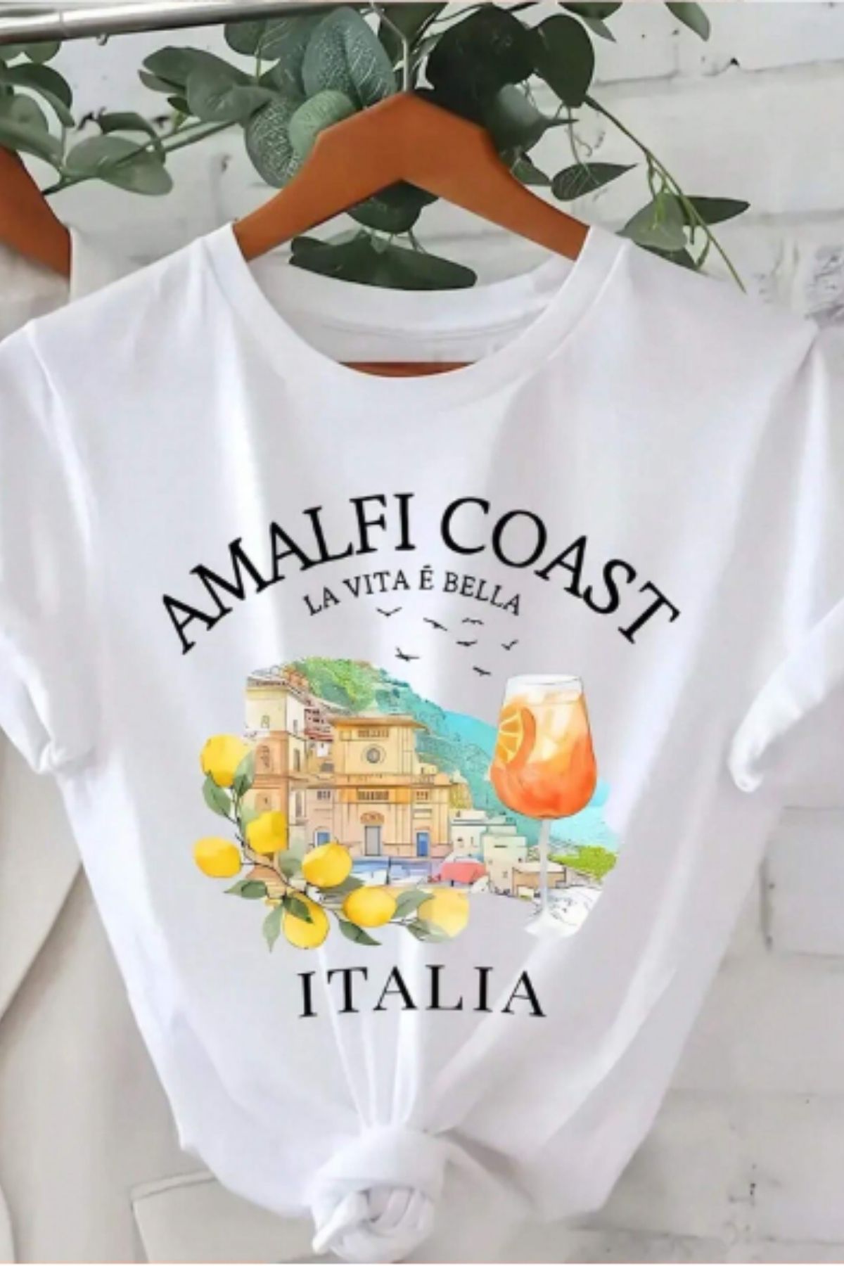 NEMESA Kadın/Kız AMALFI COAST ITALIA Baskılı Oversize Düşük Kol Bisiklet Yaka T-Shirt