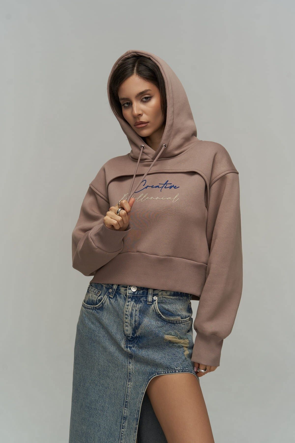 MAİ COLLECTİON-Creative Taupe Crop Sweatshirt 5
