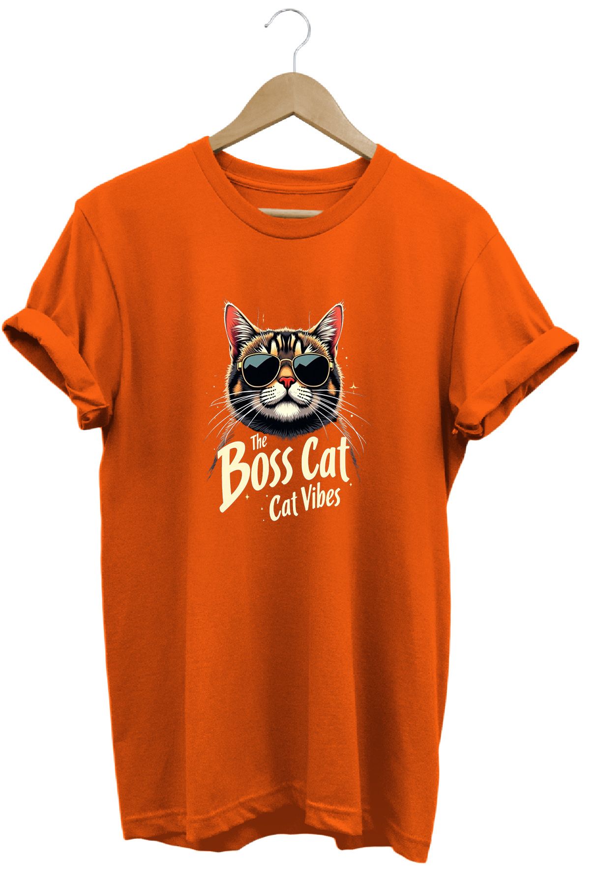 remonz Boss Cat Patron Kedi Baskılı %100 Pamuk Regular Fit Bisiklet Yaka T-shirt