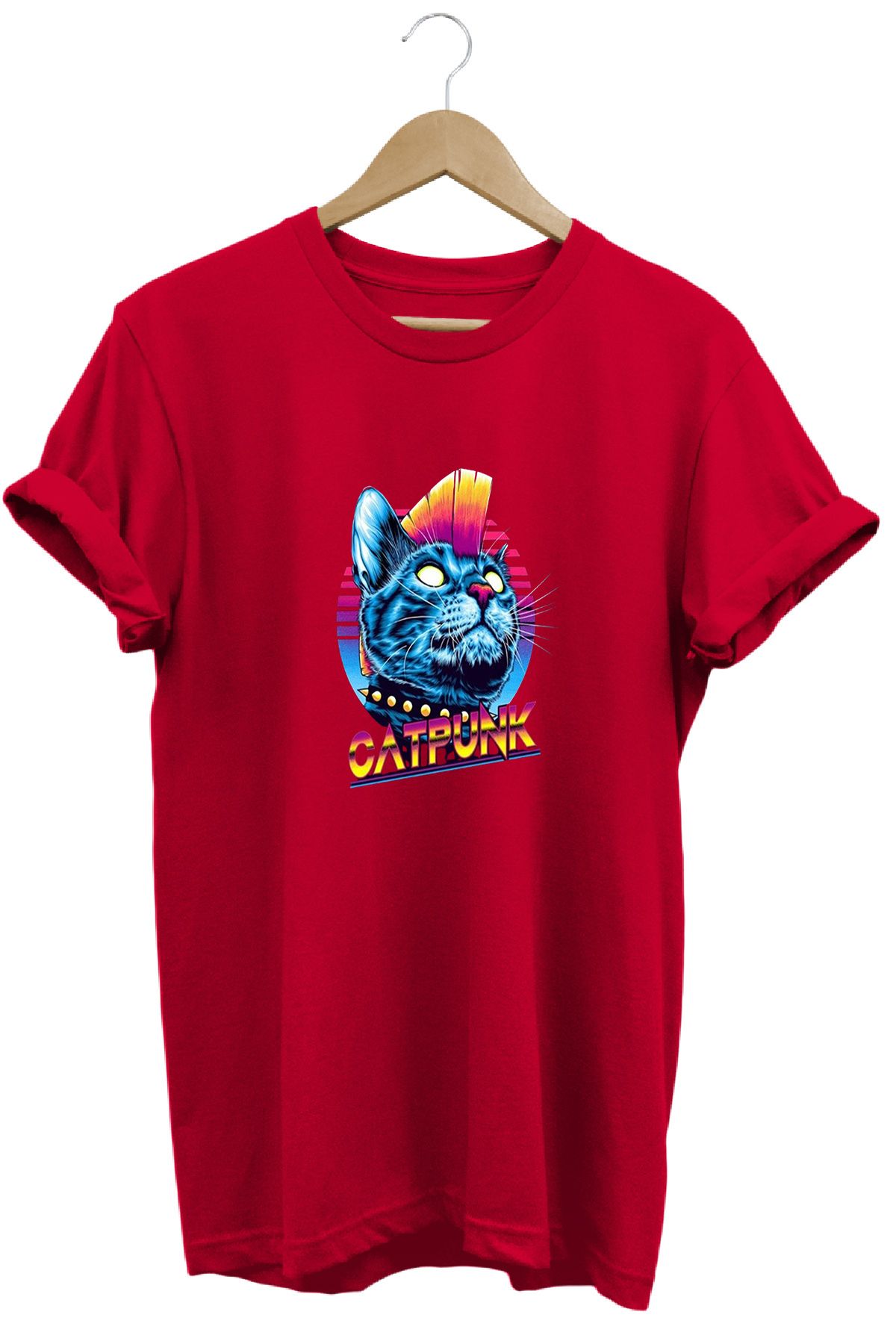 remonz Punk Kedi Baskılı %100 Pamuk Regular Fit Bisiklet Yaka T-shirt