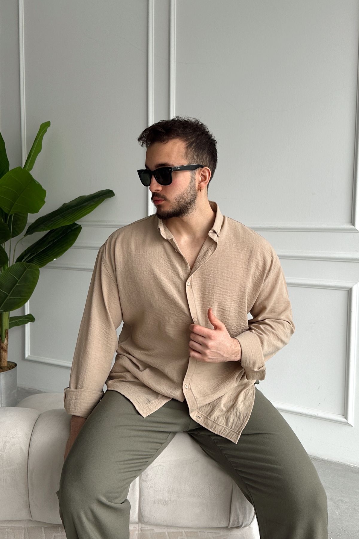 Livio Ferri  Napas Erkek Oversize Keten Görünümlü Gömlek - Görsel 8