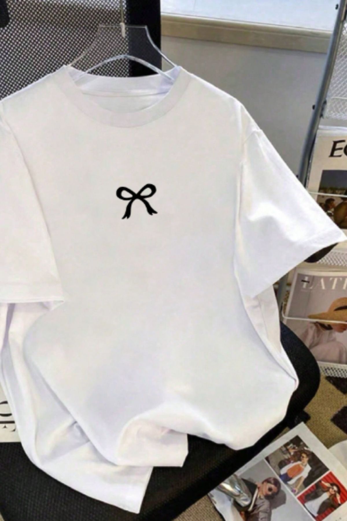 NEMESA Kadın/Kız Kurdele Baskılı Oversize Düşük Kol Bisiklet Yaka T-Shirt