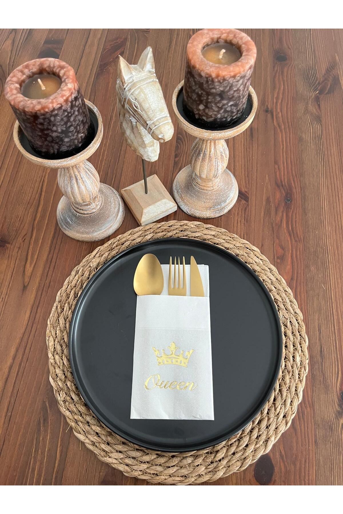 kidspartim Gold Yaldızlı Beyaz Queen Taç Detaylı Cepli Kanguru Peçete 12 Adet