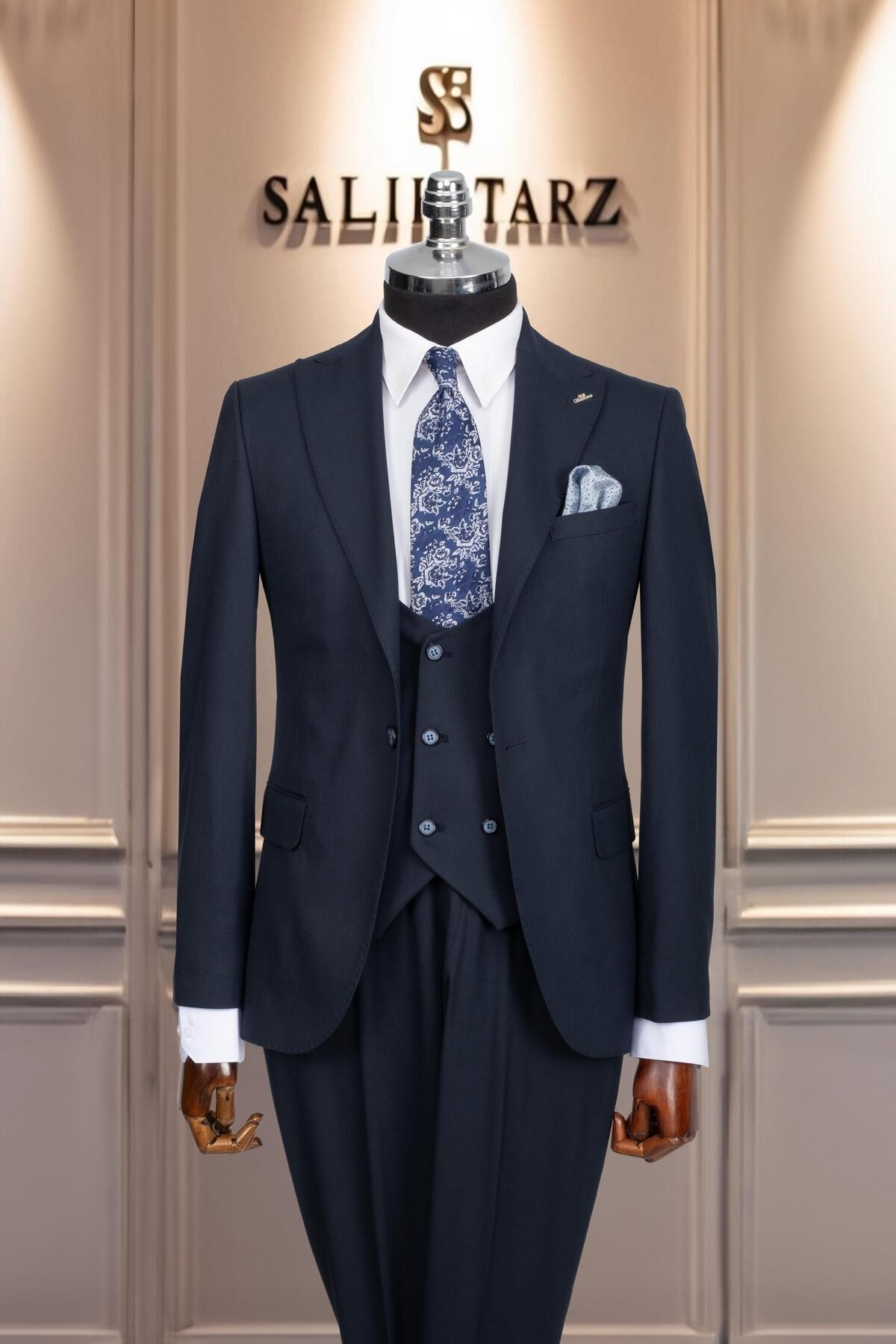 Salihtarzz Takım Elbise Yelekli SlimFit Lacivert SD42163