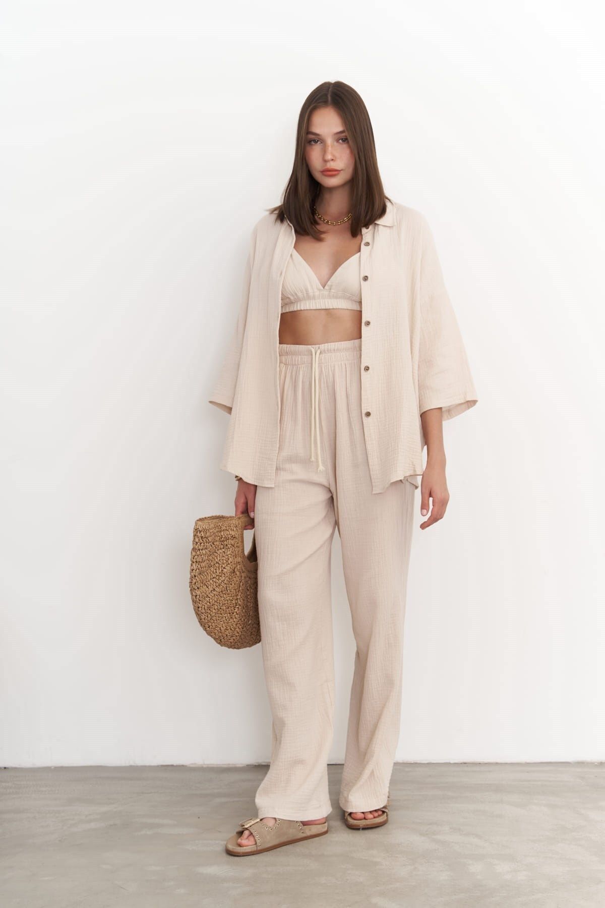 BOHEMAİ-Reyna Dark Beige Muslin Triple Set 8