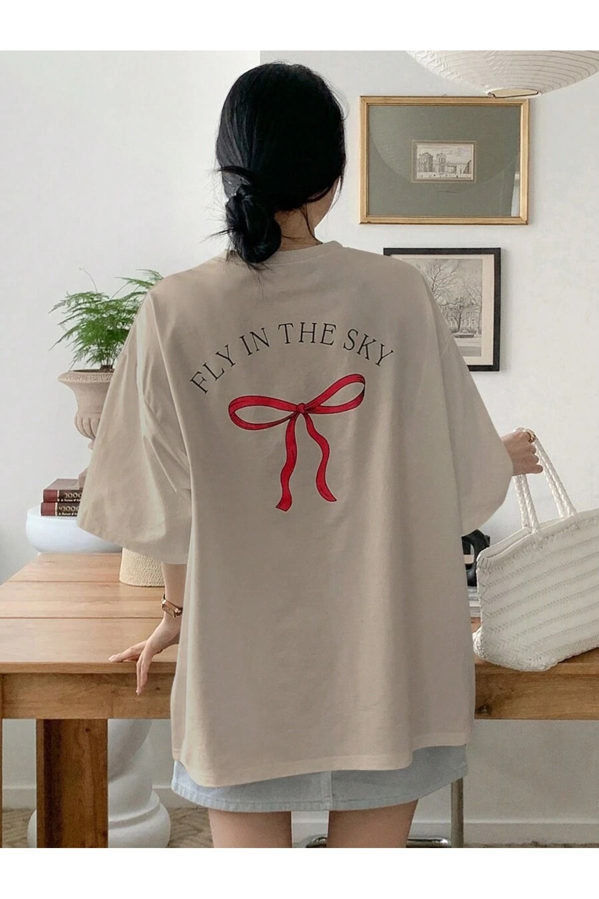 KAPHONE Kadın Oversize Pamuklu Ön Arka Kurdele Baskılı T-shirt