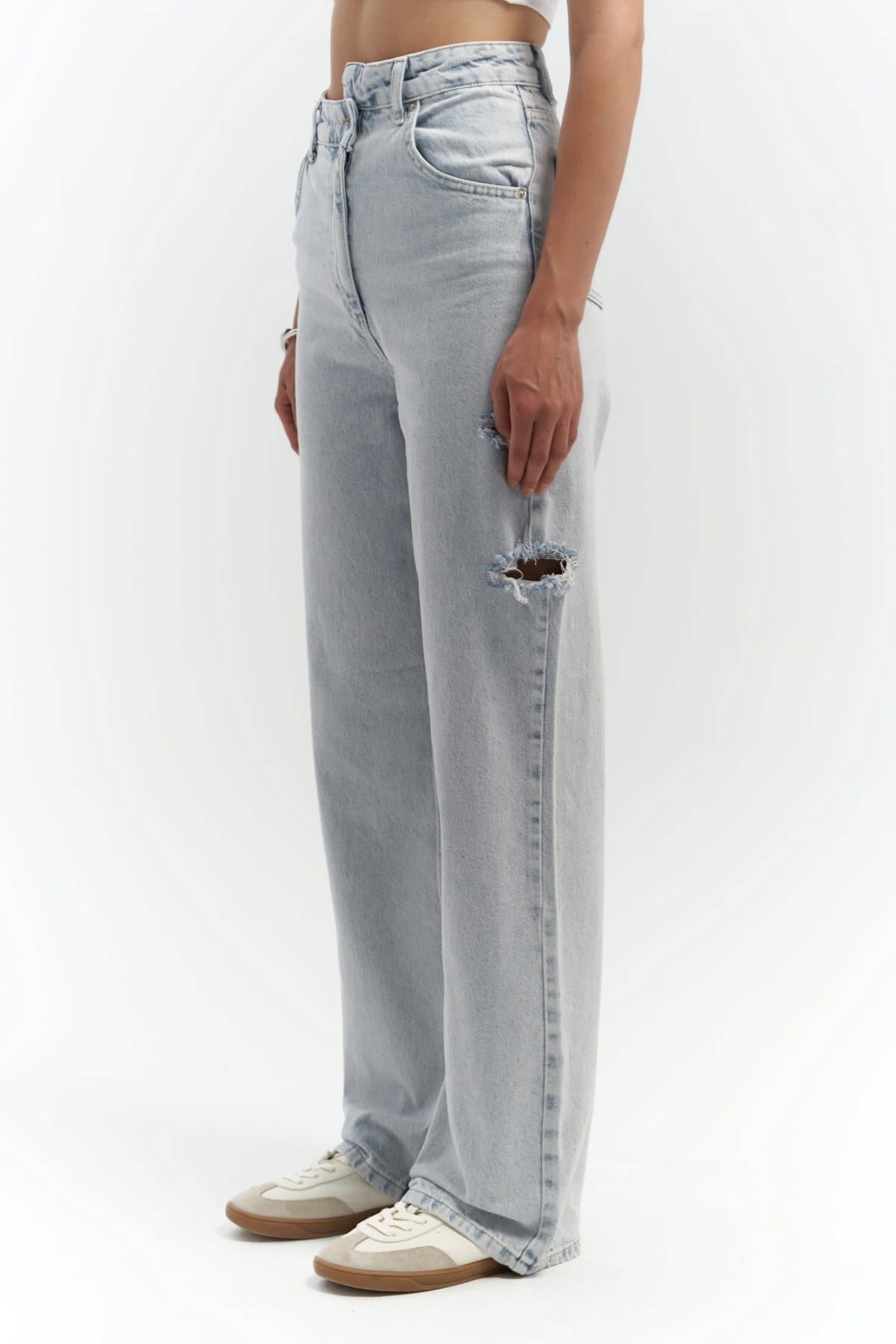 MAİ COLLECTİON-Detail severního pasu Double Ripped Ice Blue Jean 4