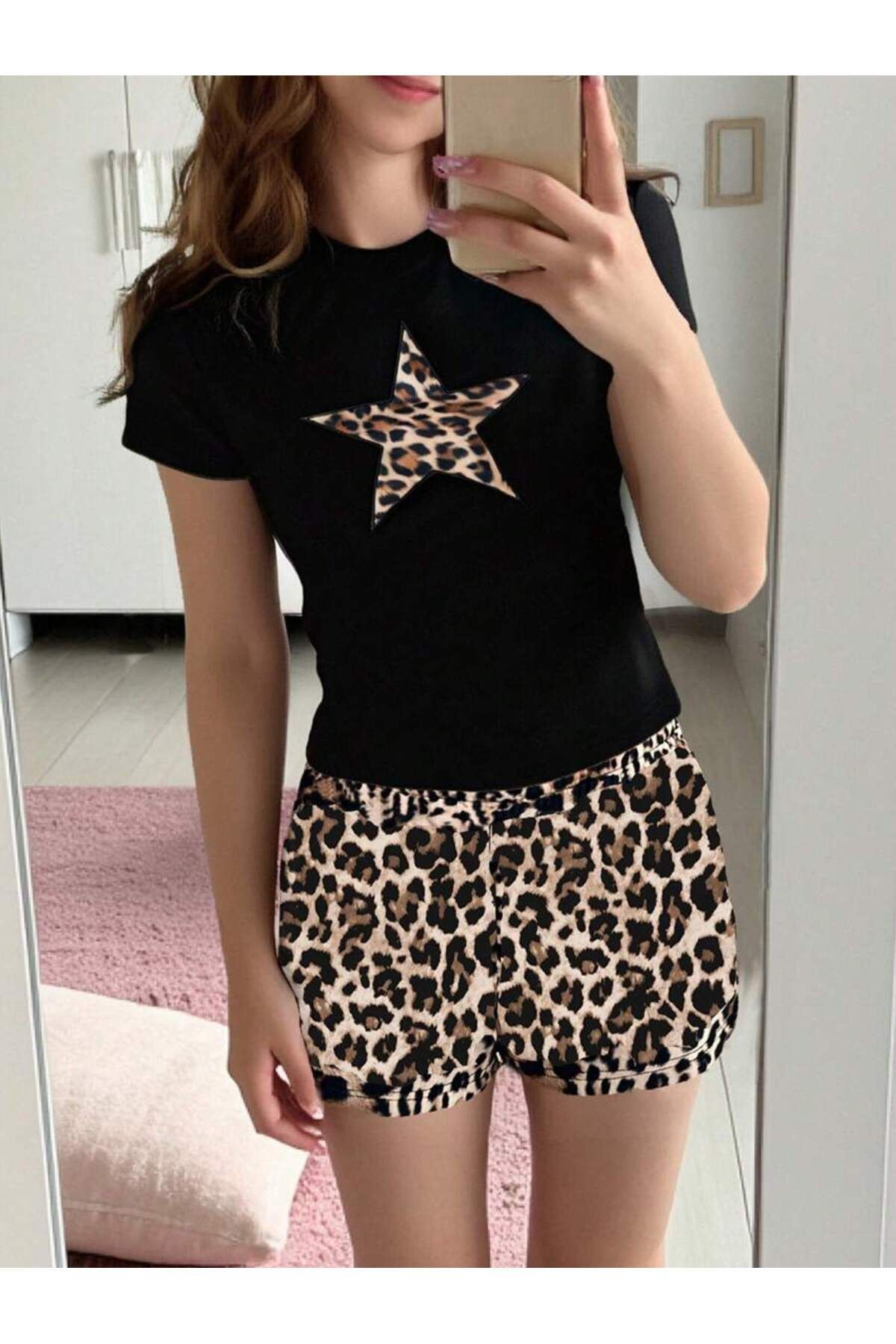 MOONBULL Kadın Leopar Kurdele Askılı Crop ile Leopar Şort Takım