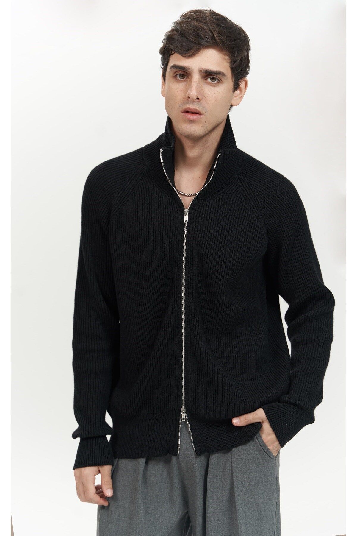 MAİ COLLECTİON-Μαύρο ανδρικό πλεκτό πουλόβερ Brock Full Zip 1