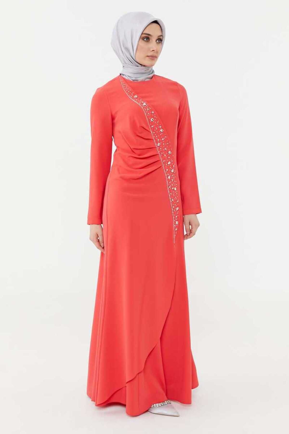 Setrms 2425129-2325129 Taşlı Drape Detaylı Abiye Elbise