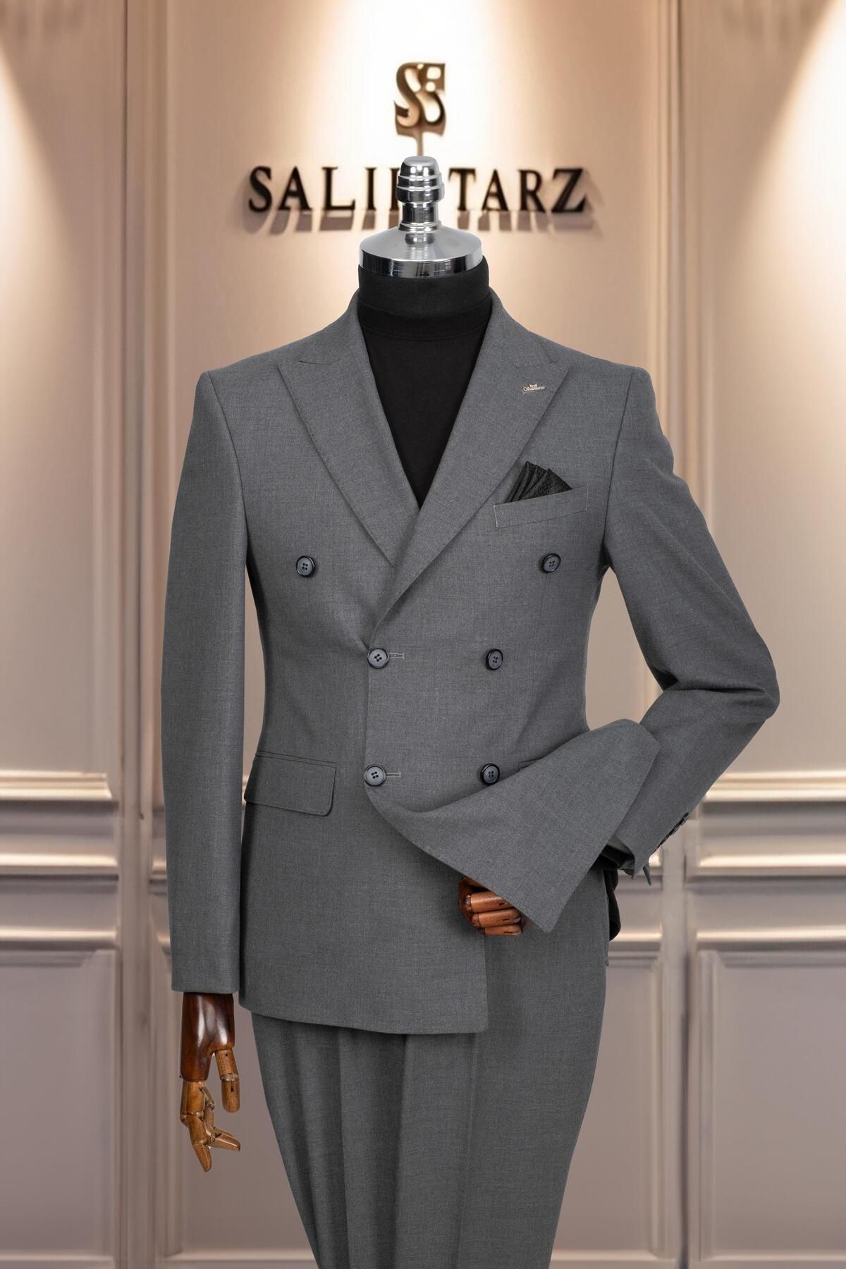 Salihtarzz Takım Elbise Kruvaze SlimFit Gri SD42155