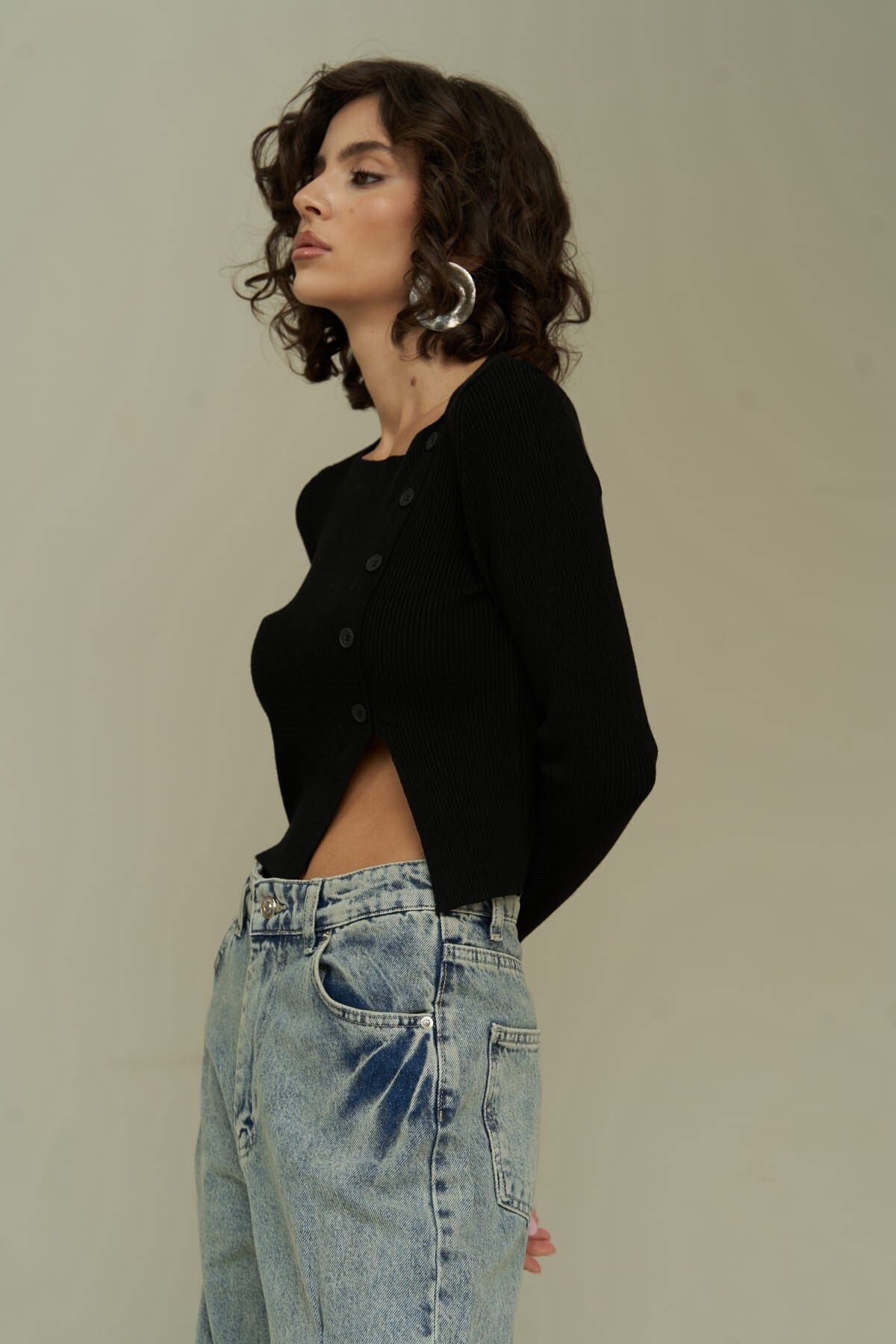 MAİ COLLECTİON-Kloe Button Detail Black Knitwear Crop 3