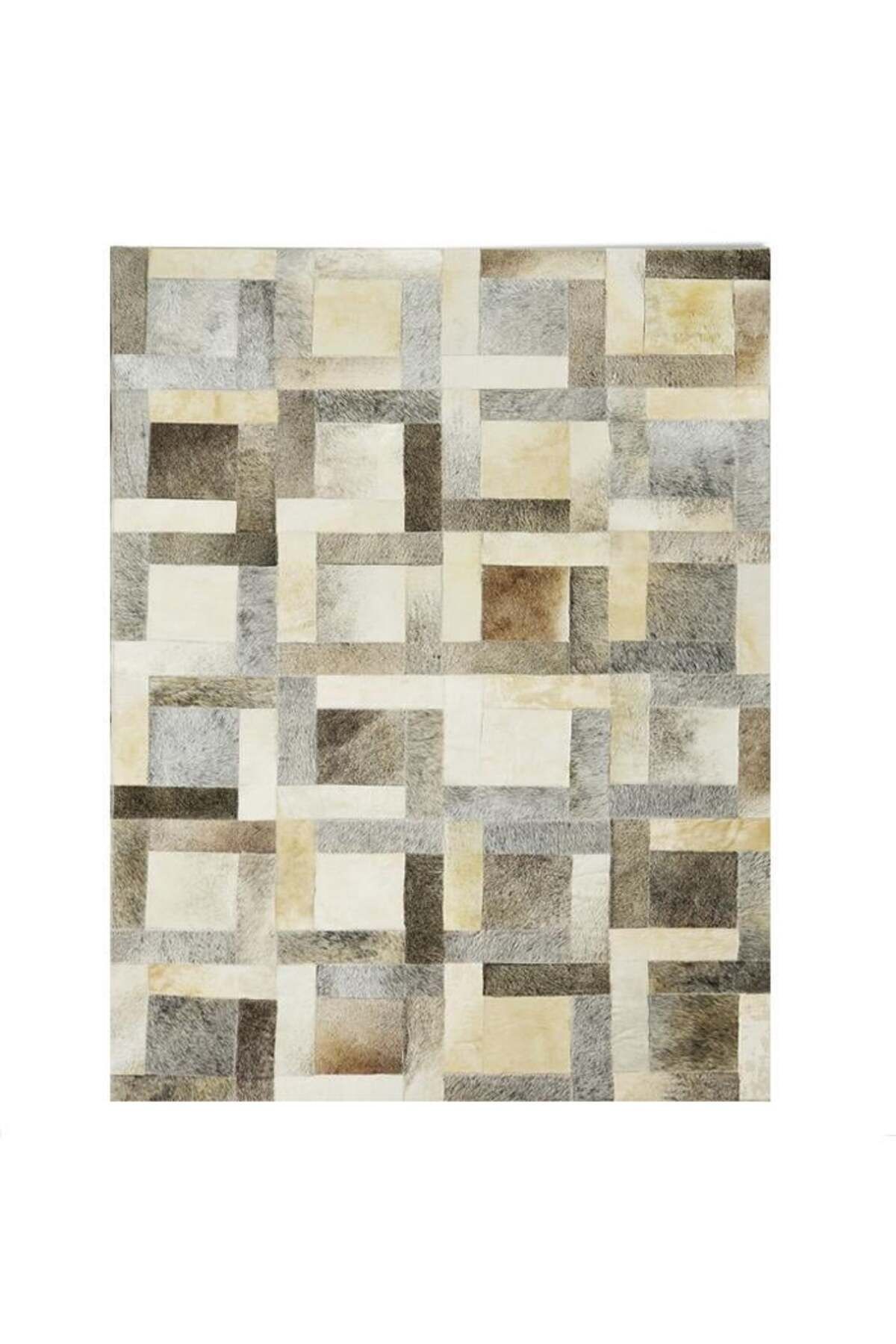 Grandhedefhalı Gri Krem Siyah Rengi Patchwork Deri Halı