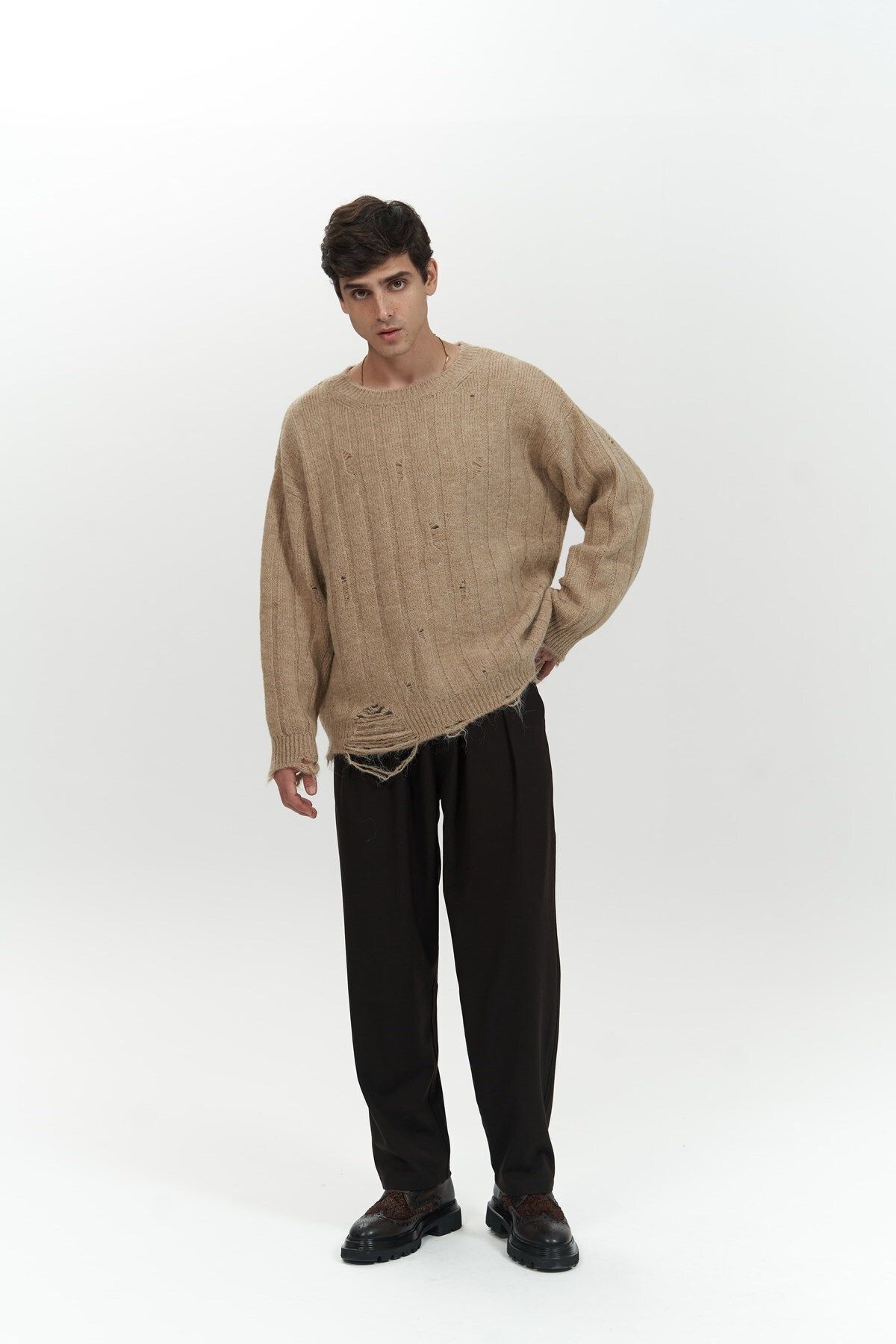 MAİ COLLECTİON Sweter Męski Vincent Ripped Detail Mink Knitwear Mężczyzna - L