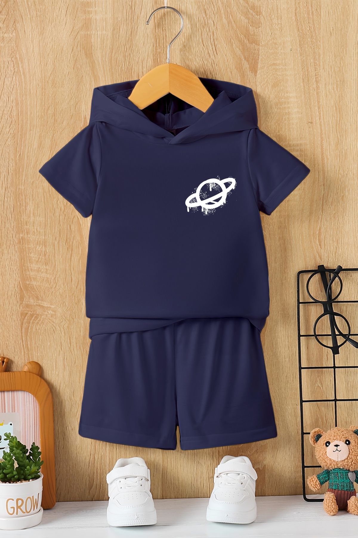 MYADA New Season Hooded Graffiti Planet Printed 2 Piece Kids Suit 23462 Unisex - 13–14 years