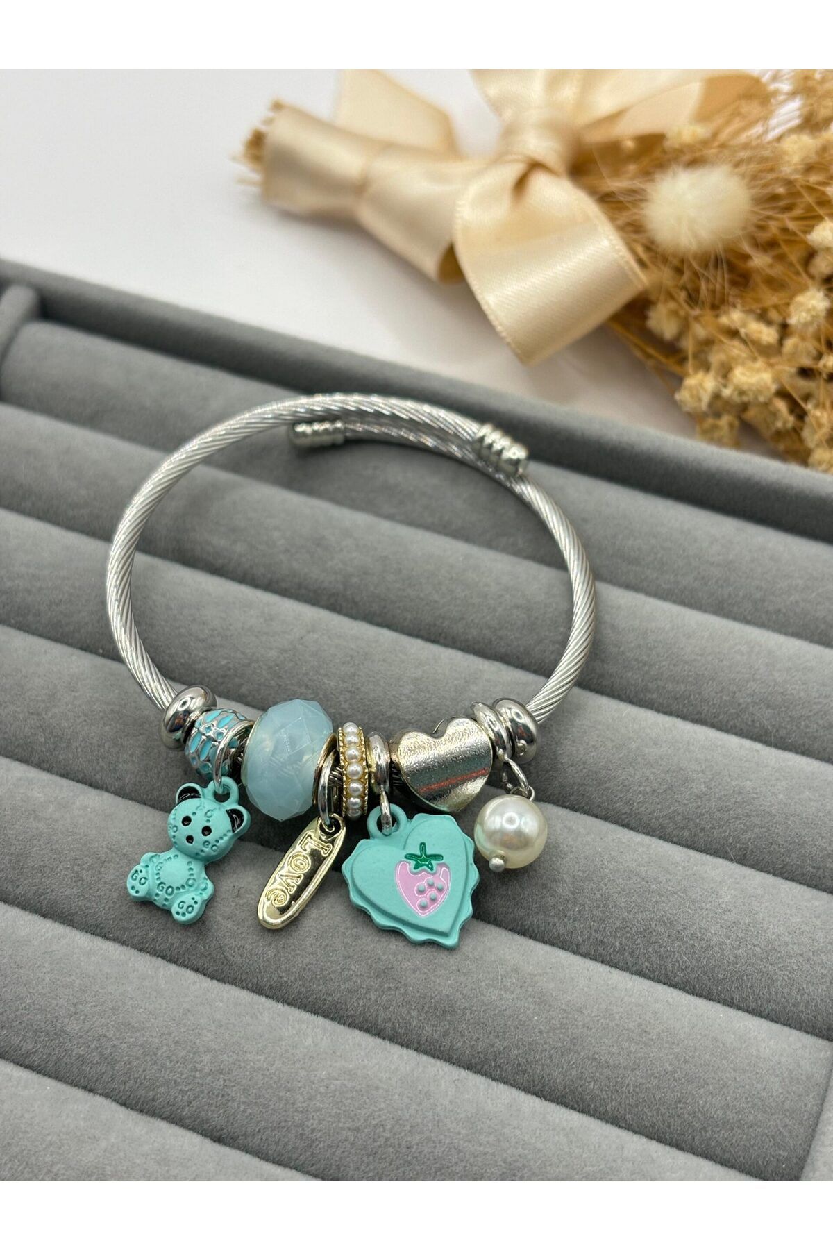 stainles steel Lianes Çelik Mavi Ayıcık Charm Bileklik