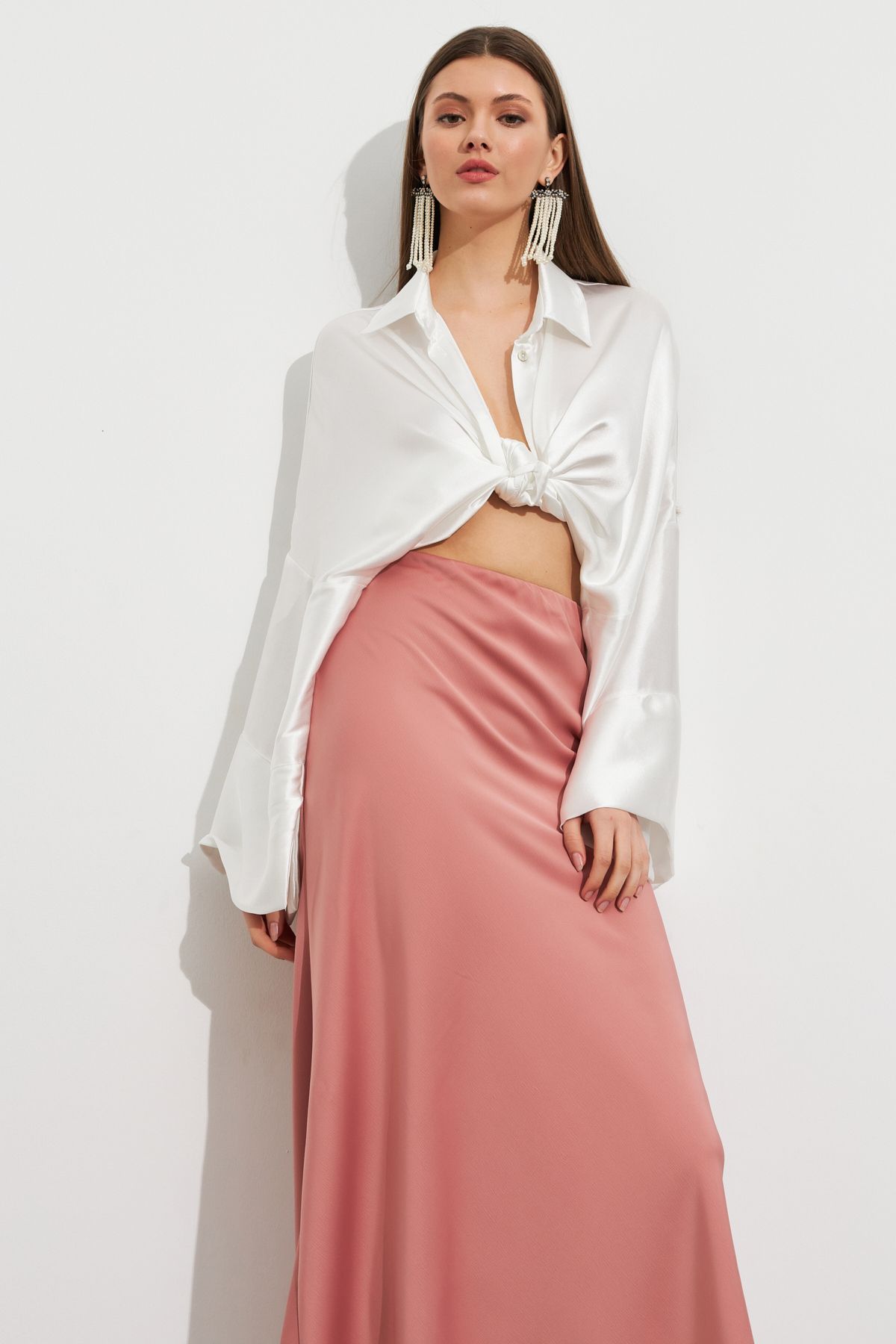 Cool & Sexy Kadın Pudra Saten Çan Etek SE20
