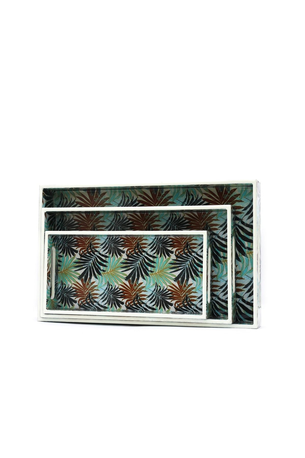 Decor Impex Yaprak Desenli Ahşap Tepsi Seti (3'lü)