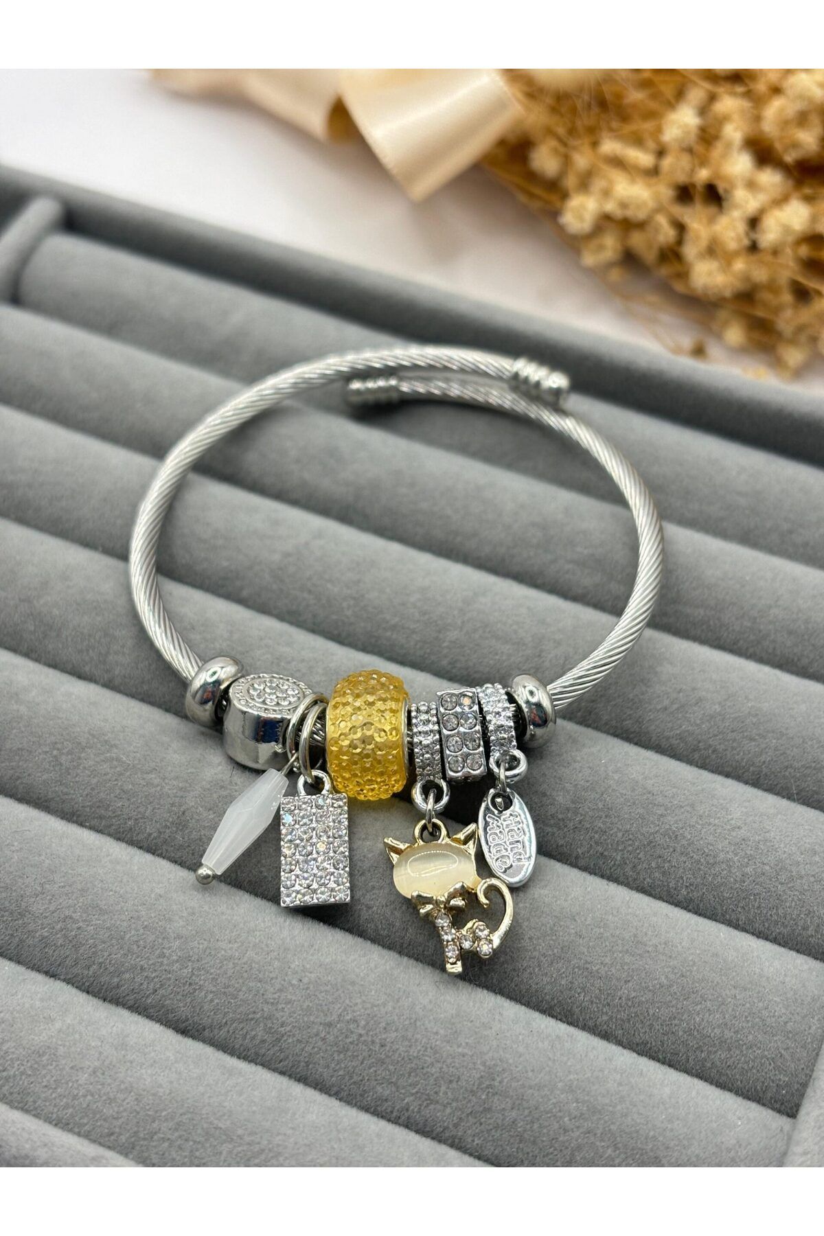 stainles steel Lianes Çelik Sarı Kuyruklu Kedi Charm Bileklik