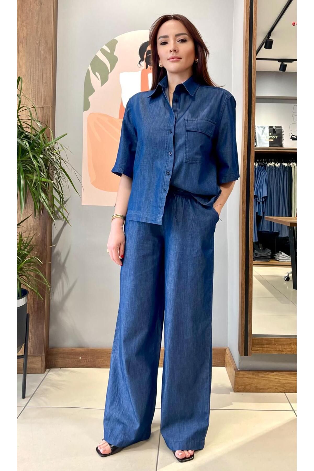 ARZU ÖZEL MODA ATÖLYESİ İne Yazlık 2li Takım Kısa Kol Gömlek ve Beli Lastikli ve Bağcıklı Pantolon.